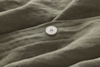 Close-up of an olive-green fabric with a white, round, four-hole button sewn onto it, showing the texture and folds of the material.