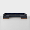 A modern, dark navy blue modular sectional sofa with wooden base set against a plain light gray background and floor.