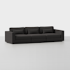 A modern, dark gray three-seat sofa with clean lines, rectangular armrests, and three matching back and lumbar cushions, set against a plain white background.