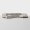 A modern, L-shaped sectional sofa with light beige cushions and a wooden base, set against a plain white background.