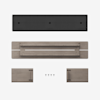 Four wooden panels, five screws, and one long black rectangular piece are arranged neatly on a white background, likely showing components for assembling a piece of furniture.
