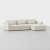 A modern, light beige sectional sofa with three seat cushions, three back cushions, three matching throw pillows, and a chaise lounge on the right side, set against a plain white background.