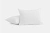 Two white pillows are shown on a plain white background. One pillow is standing upright while the other is lying flat behind it. Both have a subtle textured pattern.