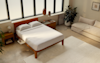 A sunlit modern bedroom with a wooden bed, white bedding, nightstands, a large plant, and a beige sofa. Floor-to-ceiling windows and minimal decor create a calm, airy atmosphere.