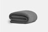 A neatly folded dark gray blanket with a subtle textured pattern, displayed on a plain white background.