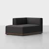 A modern, dark gray corner sofa chair with clean lines, a low wooden base, and an armless design on one side, set against a plain white background.