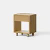 A modern wooden nightstand with a single drawer and an open shelf below, standing on four short legs against a plain white background.