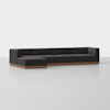 A modern, L-shaped sectional sofa with dark gray upholstery and a wooden base, placed in a minimal, light gray room with a clean background.