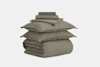 A neatly stacked set of olive green bedding, including folded sheets, pillowcases, and a comforter, arranged on a plain white background.