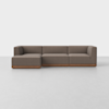 A modern, low-profile sectional sofa with brown upholstery and a wooden base, set against a plain white background and placed on a smooth, light-colored floor.