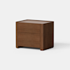 A modern wooden nightstand with a smooth finish, featuring two drawers and rounded corners, set against a plain white background.