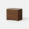 A modern wooden nightstand with a smooth finish, featuring two drawers and rounded corners, set against a plain white background.
