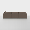 A modern, modular brown sofa with three sections, shown from the back against a plain white background. The design features clean lines and a minimalist style.