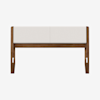 A modern wooden bench with a rectangular white cushioned seat and simple, clean lines against a plain white background.