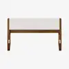 A modern wooden bench with a rectangular white cushioned seat and simple, clean lines against a plain white background.