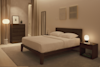 A modern, minimalist bedroom with a wooden bed frame, white bedding, a bedside table with a round lamp, a chest of drawers, a floor lamp, and neutral-colored walls and curtains.