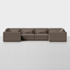 A modern, sectional brown sofa with clean lines and square arms, set against a plain white background. The sofa features plush seat and back cushions with three sections and matching throw pillows.