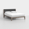 A modern wooden bed frame with a dark gray upholstered headboard, white bedding, and two pillows, set against a plain white background.