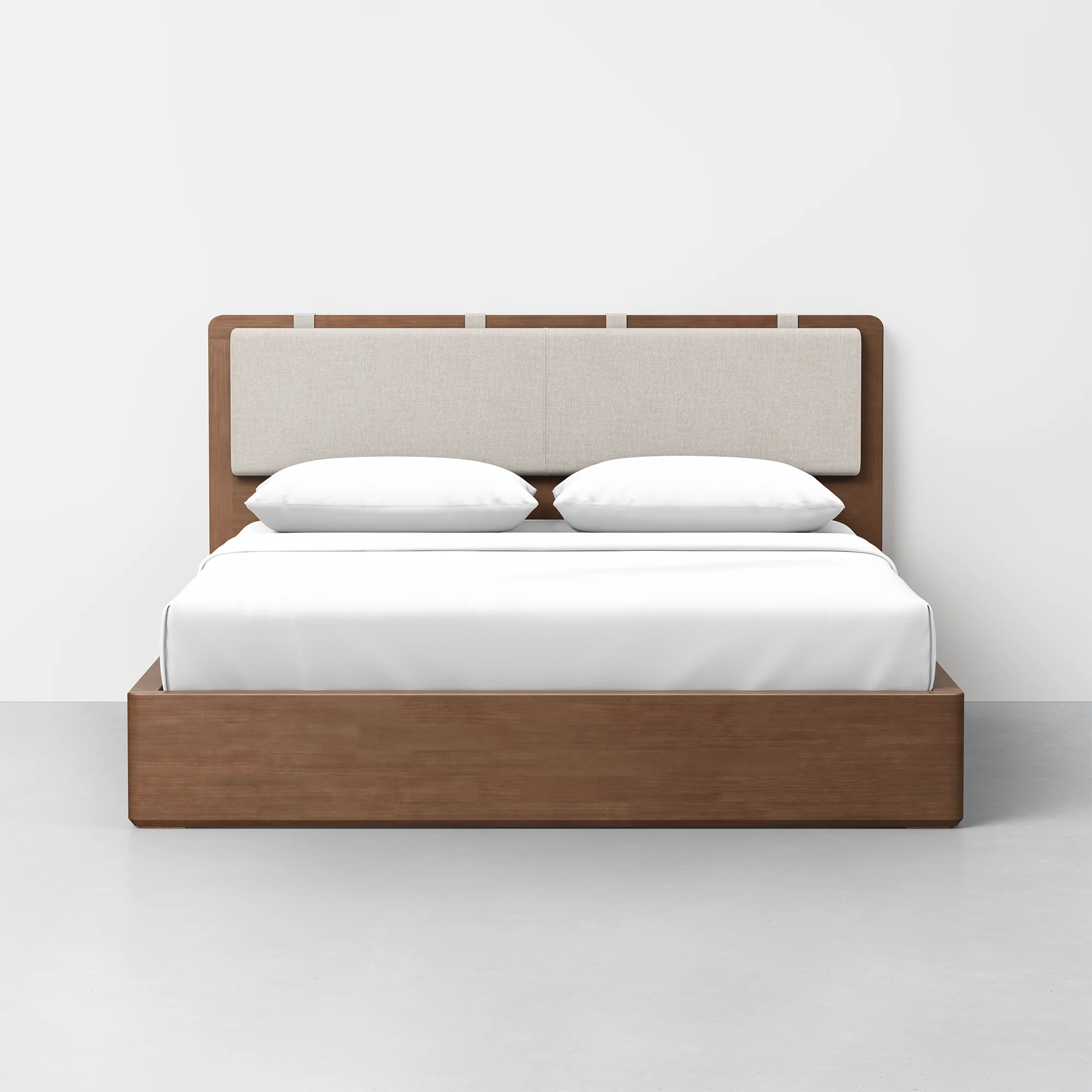 Essential Bed, Cali King- Headboard (Walnut) + Cushion (Performance Linen / Natural)