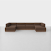 A large, brown, L-shaped sectional sofa with low backs and wooden base, set on a light gray floor against a plain white background.
