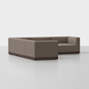 A modern, L-shaped sectional sofa with brown upholstery and a dark wooden base, set against a plain white background.