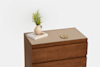 A wooden dresser with a beige top, holding a small vase with yellow-green flowers, two stacked books, and a round decorative object, all set against a plain white background.