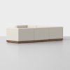 A modern, L-shaped sectional sofa with light beige upholstery and a wooden base, set on a smooth gray floor against a plain white background.