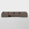 A modern, L-shaped sectional sofa with brown upholstery and clean lines, featuring three seat sections and back cushions, set against a plain white background.