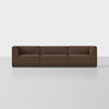 A modern, three-seater brown sofa with clean lines and a boxy design, placed against a plain white background on a light-colored floor.