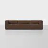 A modern, three-seater brown sofa with clean lines and a boxy design, placed against a plain white background on a light-colored floor.