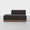 A modern black chaise lounge with clean lines, a low wooden base, and a single armrest on the left side, set against a plain white background.