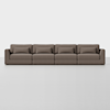A modern, four-seat brown sectional sofa with wide arms and four matching rectangular cushions, set against a plain white background.