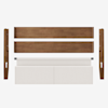 Disassembled bed frame and headboard set with wooden side rails, wooden headboard and footboard panels, and an upholstered white panel, all laid out on a white background.