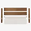 Disassembled bed frame and headboard set with wooden side rails, wooden headboard and footboard panels, and an upholstered white panel, all laid out on a white background.