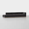 A modern, L-shaped sectional sofa with dark upholstery and a low, minimalist wooden base, set against a plain white background.