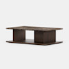 Rectangular coffee table with a dark brown marble top and a wide wooden base, featuring two vertical supports in the middle. The design is modern and minimalist.