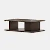 Rectangular coffee table with a dark brown marble top and a wide wooden base, featuring two vertical supports in the middle. The design is modern and minimalist.