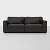 A modern dark gray sofa with two large seat cushions, two back cushions, and two rectangular lumbar pillows, all set against a plain white background. The sofa has clean lines and square armrests.