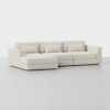 A modern, light beige sectional sofa with a left-facing chaise lounge, clean lines, and three back cushions and three accent pillows, set against a plain white background.