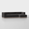 A modern sectional sofa with dark gray upholstery and a low, light wood base, shown on a smooth light gray floor against a plain white background.