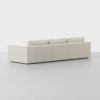 A modern, light beige three-seater sofa with clean lines and boxy armrests, shown from the back on a plain light gray floor and background.