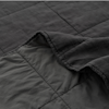 A close-up of a textured, dark gray quilted blanket with a visible seam pattern. One corner is folded over, showing the reverse side, which is a slightly lighter shade of gray.