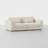 A modern, off-white upholstered sofa with wide armrests, two seat cushions, two backrest cushions, and two rectangular lumbar pillows, set against a plain light background.