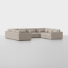 Large, modern sectional sofa in a light beige color arranged in a U-shape, with plush cushions and a minimalist design, set against a plain white background.