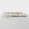 A modern, light beige sectional sofa with five seat cushions, five back cushions, and three smaller accent pillows, set against a plain white background. The sofa has a chaise lounge on each end.