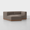 A modern, L-shaped sectional sofa with brown fabric upholstery and a wooden base, set against a plain white background.