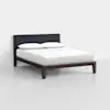 A modern bed with a dark wooden frame, low legs, a black upholstered headboard, and white bedding with two pillows, set in a minimalistic, light-colored room.