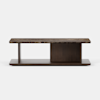 Rectangular coffee table with a dark wood base, central support, and a polished dark marble top. The design is modern and minimalist, set against a plain white background.