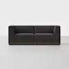 A modern, dark gray two-seater sofa with squared arms and wooden base, set against a plain white background.