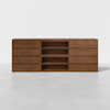 A modern wooden dresser with a symmetrical design, featuring six drawers on each side and three open shelves in the center, set against a plain white background.